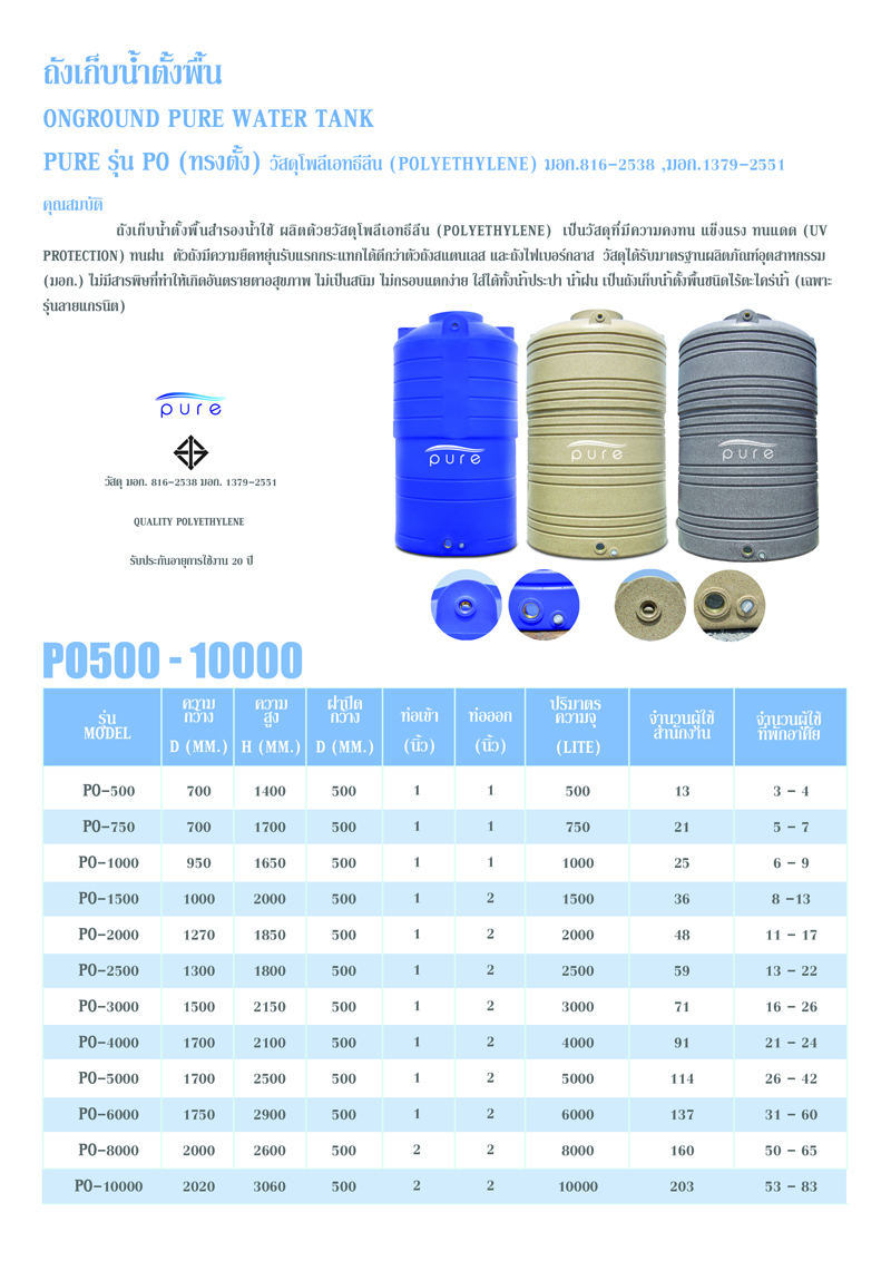 ขาย รับติดตั้งถังน้ำลายแกรนิต ถังเก็บน้ำบนดินลายแกรนิต ยี่ห้อ PURE ขนาด 500 ลิตร, 750 ลิตร,800 ลิตร,1000 ลิตร,1200 ลิตร,1500 ลิตร,2000 ลิตร,2500 ลิตร,3000 ลิตร,4000 ลิตร,5000 ลิตร,6000 ลิตร